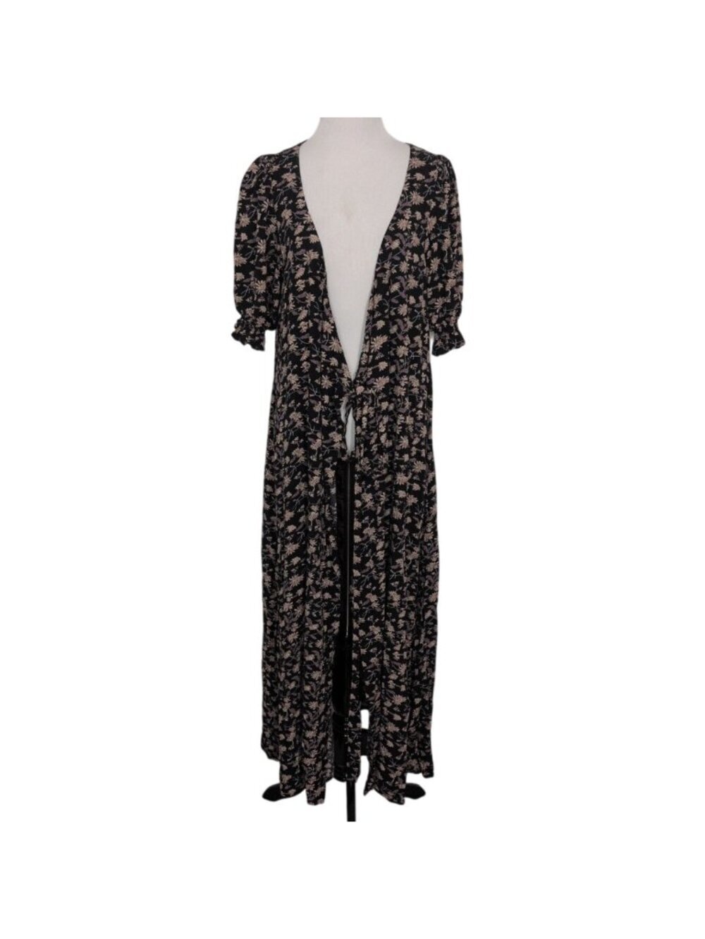 Natural Life Floral Duster Robe Womens Size Medium Black Boho Cottagecore Maxi